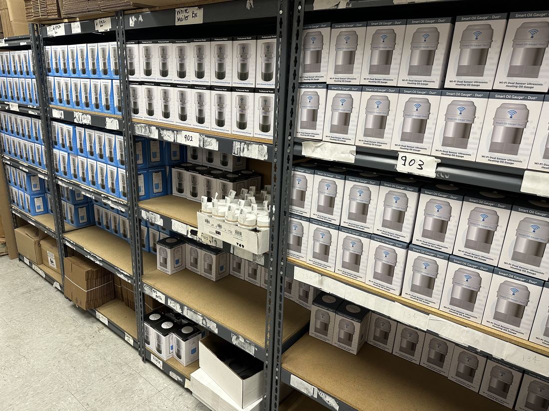 Smart Oil Gauge inventory on shelves at the Danbury, Connecticut warehouse