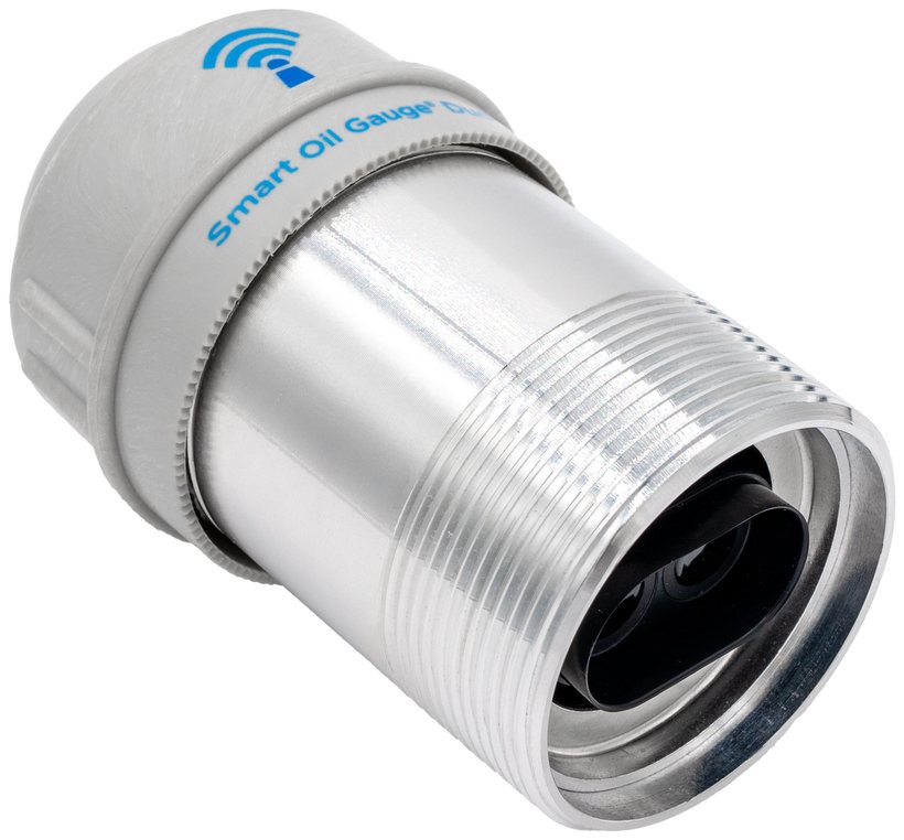 The open end of a Smart Oil Gauge Duo with both ultrasonic sensors visible inside the barrel