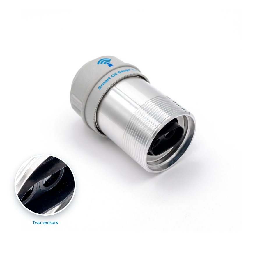 Smart Oil Gauge Duo on its side with a close-up of its two ultrasonic sensors
