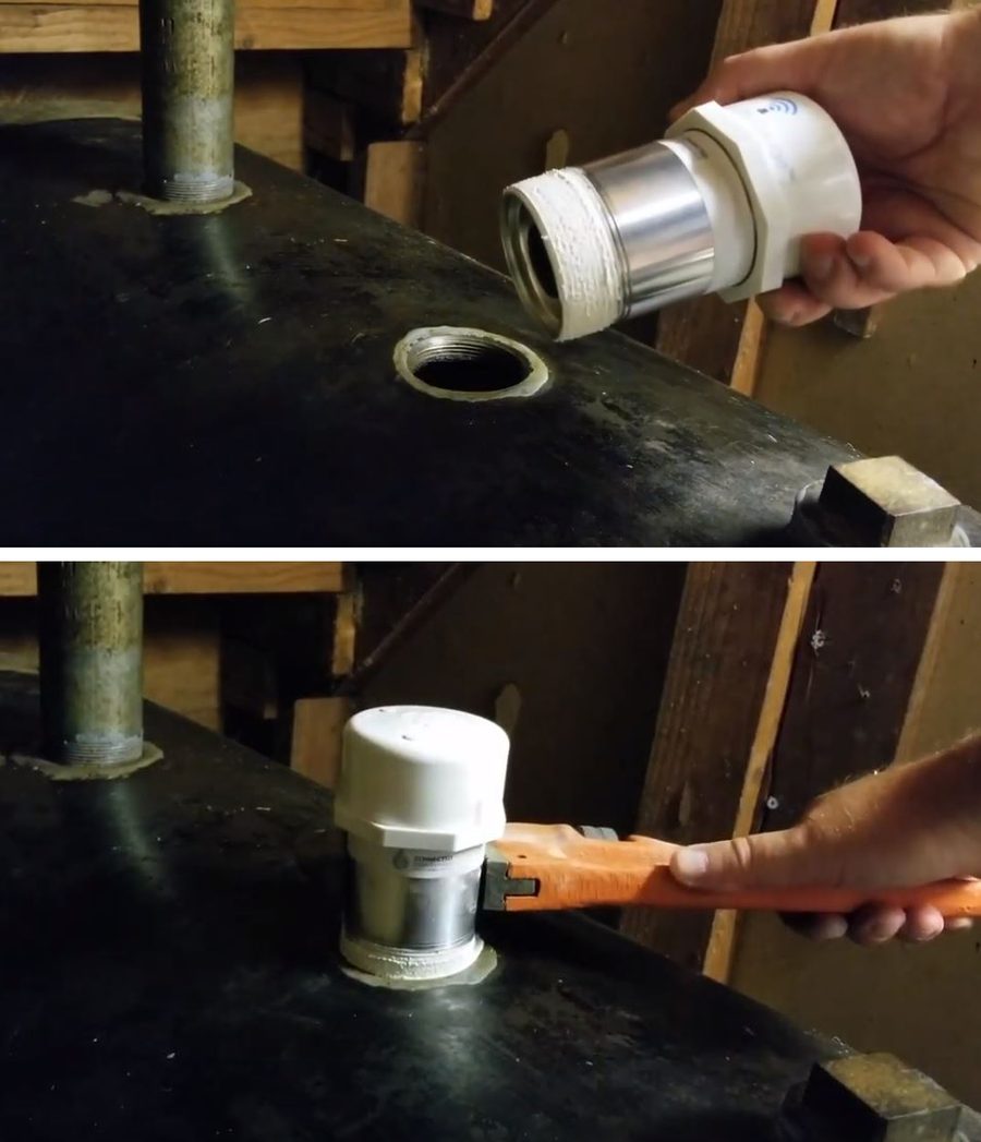 Threading the Smart Oil Gauge into the tank fitting and seating it with a mallet