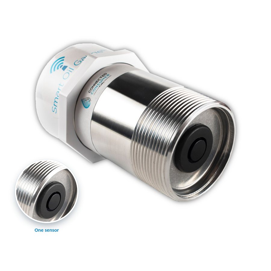Smart Oil Gauge on its side with a close-up of its ultrasonic sensor